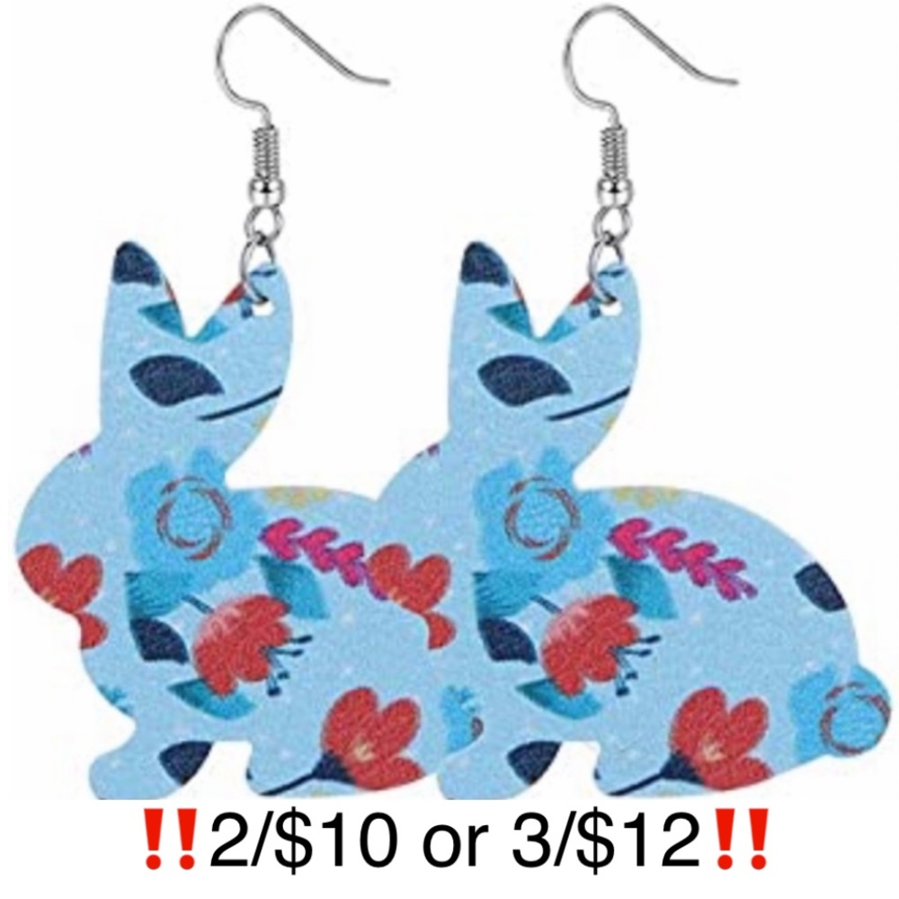 Bunny Earrings Dangling Faux Leather Blue Floral Statement Easter Bunny Earrings